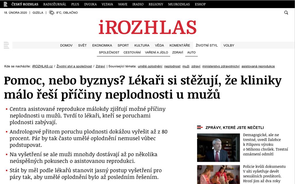 Český rohlas- Vyjádření ohledně možností andrologické péče u neplodných mužů